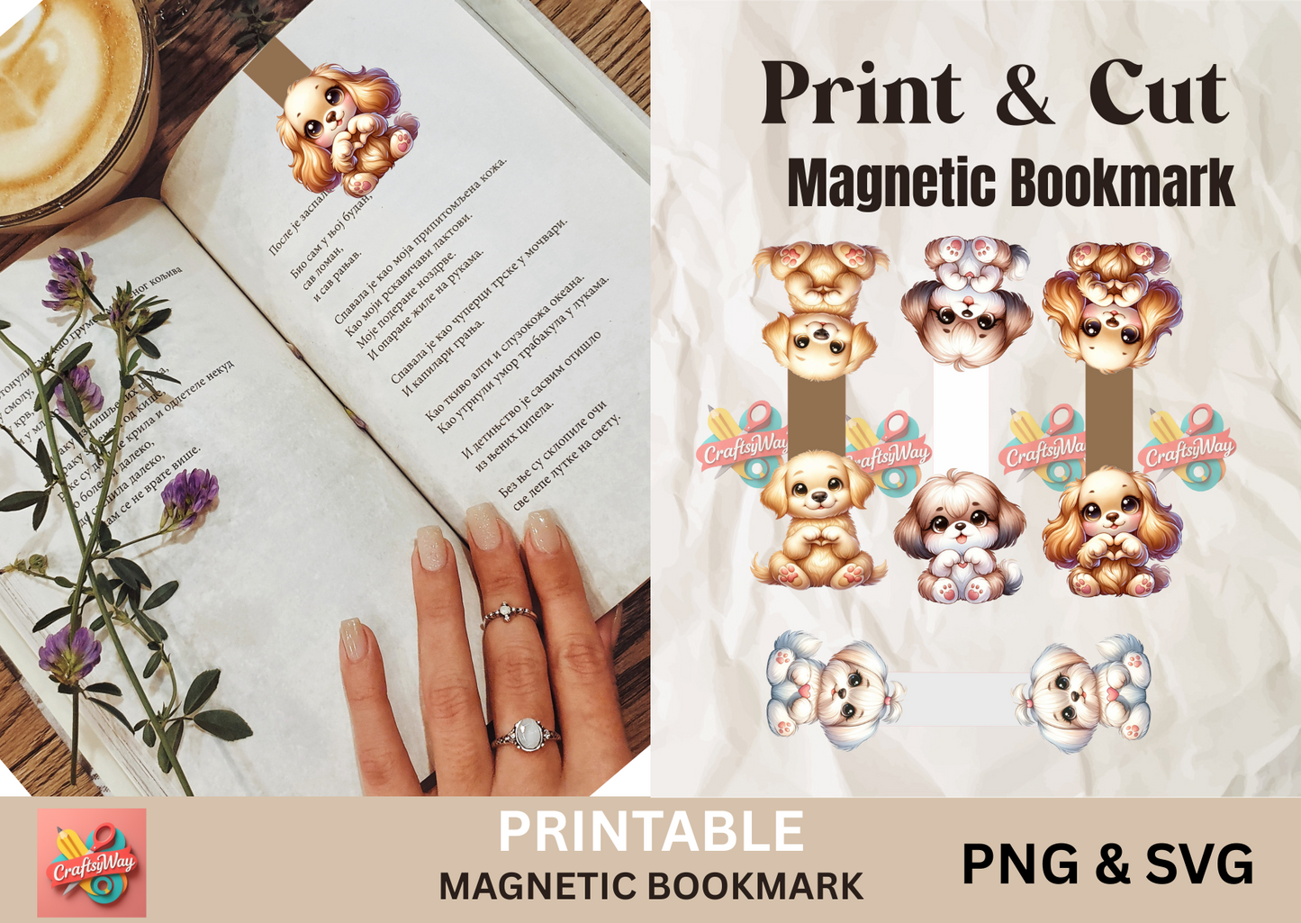 Cute magnetic dog bookmarks printable in use on book pages