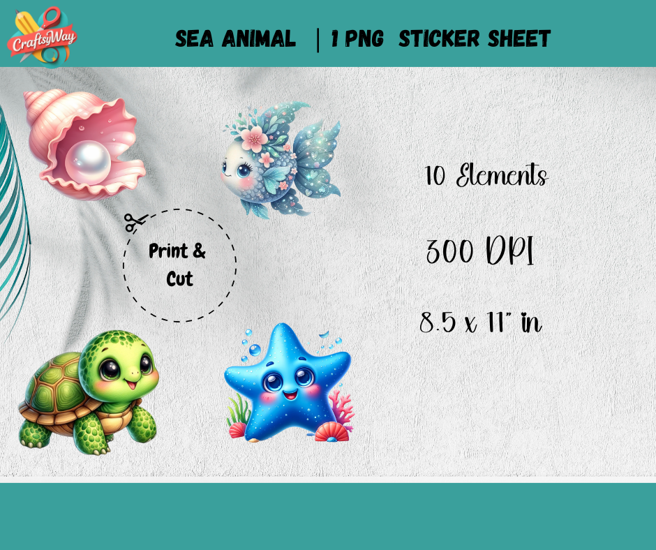 Ocean theme sticker sheet with seashell, wave, and fish designs