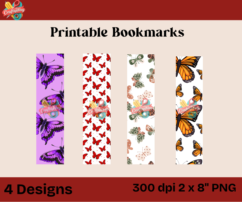Butterfly bookmarks printable sheet with four high-res PNG designs
