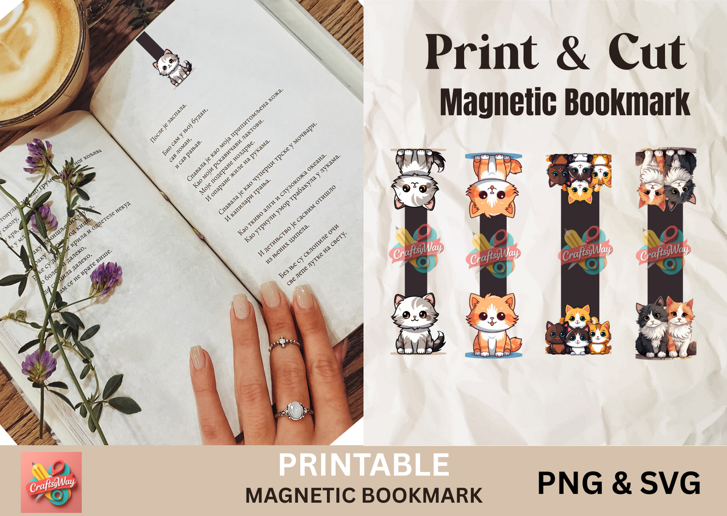 Cat magnetic bookmarks printable sheet digital PNG and SVG files