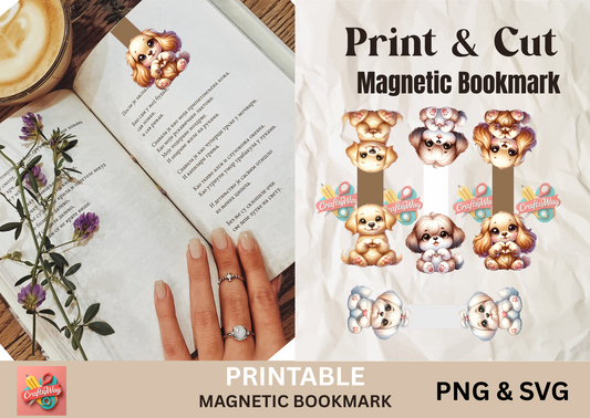Cute magnetic dog bookmarks printable in use on book pages
