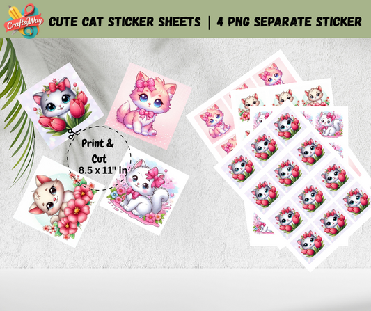 Cute Cat Sticker Sheets | Printable PNG Stickers (Set of 4) - CraftsyWay
