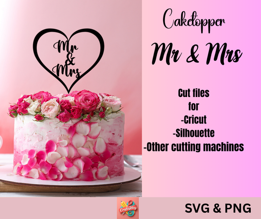 Mr & Mrs heart cake topper SVG PNG wedding decoration design”
