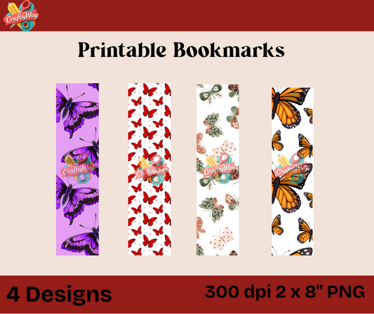 Butterfly bookmarks printable sheet with four high-res PNG designs