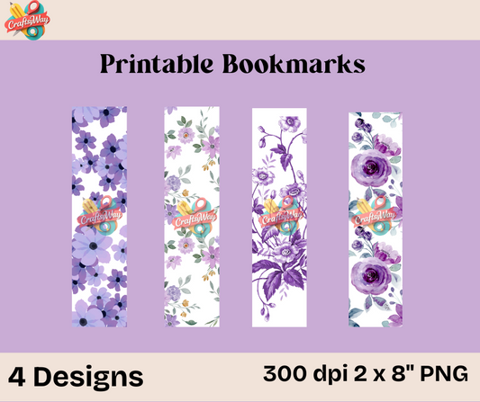 Printable floral bookmarks purple flower theme PNG sheet preview