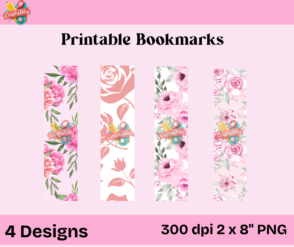 Printable Pink Floral Bookmarks – 4 Elegant Designs (300 DPI PNG) - CraftsyWay