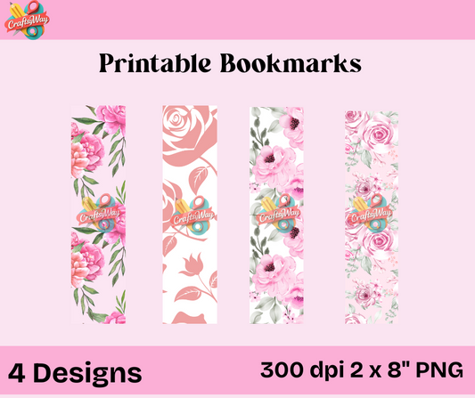 Printable Pink Floral Bookmarks – 4 Elegant Designs (300 DPI PNG) - CraftsyWay